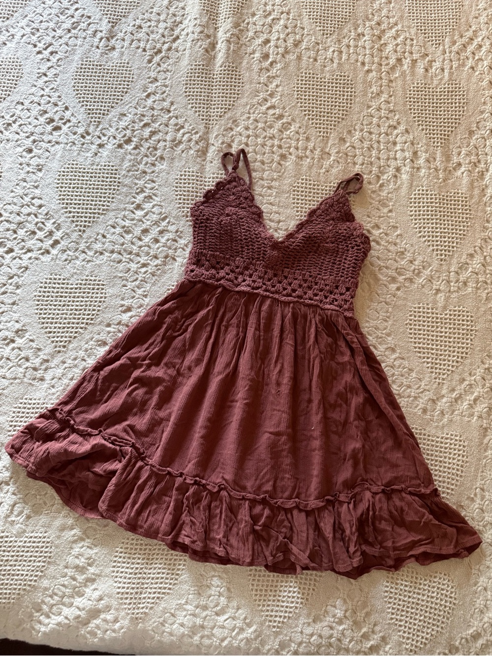 Blush Crochet Bodice Ruffled Hem Tank Dress in Mauve